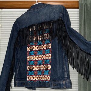 Fringe Denim Jacket with Tribal Printing